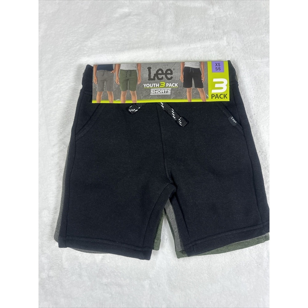 Lee Youth Boys 3 Pack Fleece Shorts Black Gray Green Size XS 5/6 New